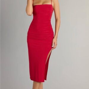 Windsor Red Ruched Strap Midi Dress with Side Slit